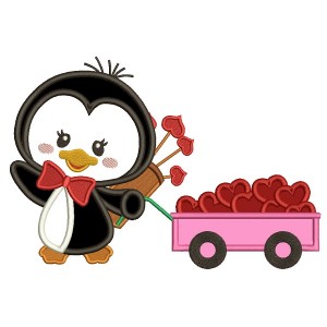 Penguin With Wagon Full Of Hearts Applique Machine Embroidery Design Digitized Pattern
